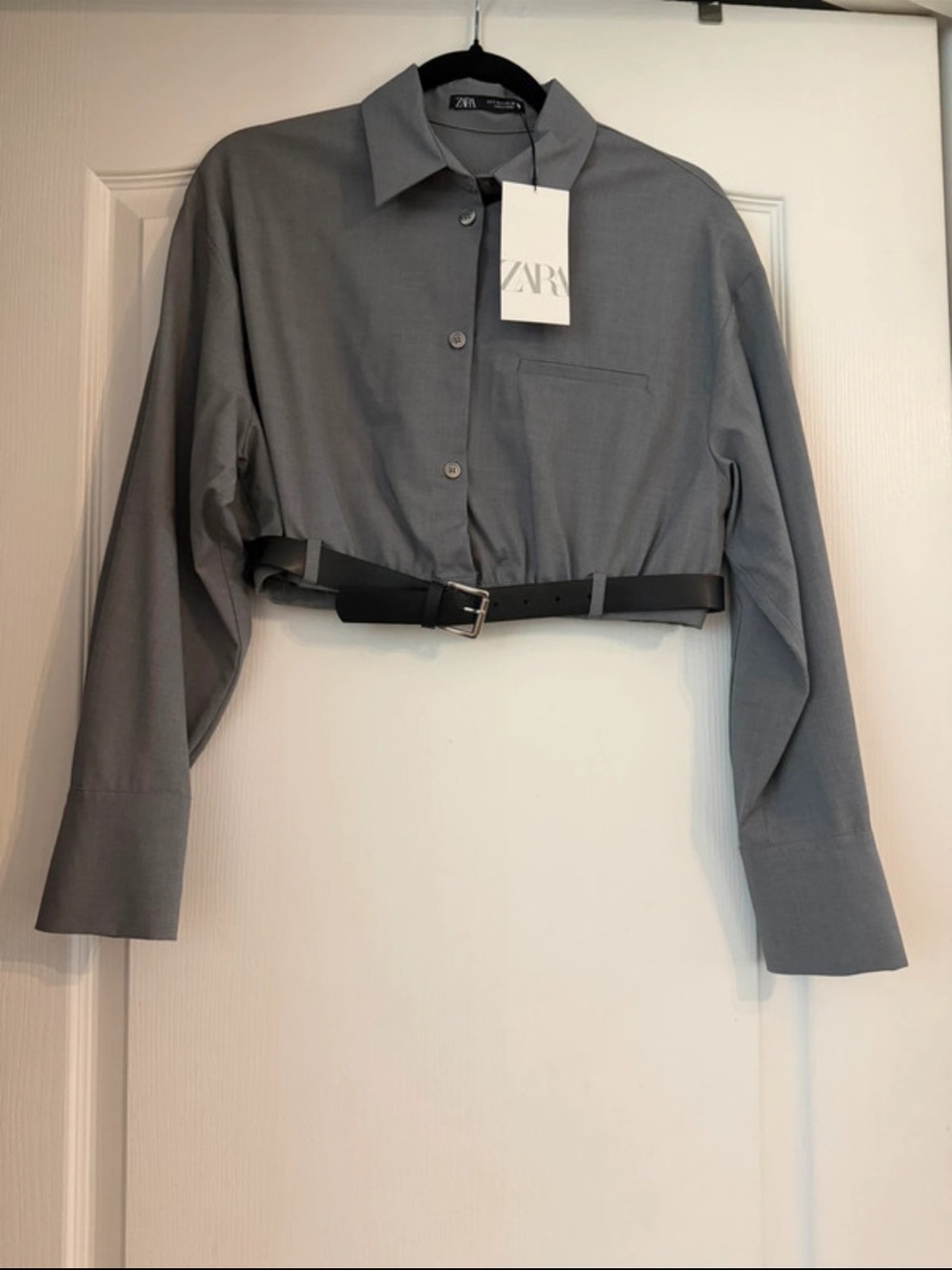 Zara Gray Cropped Button-Down Shirt with Belt